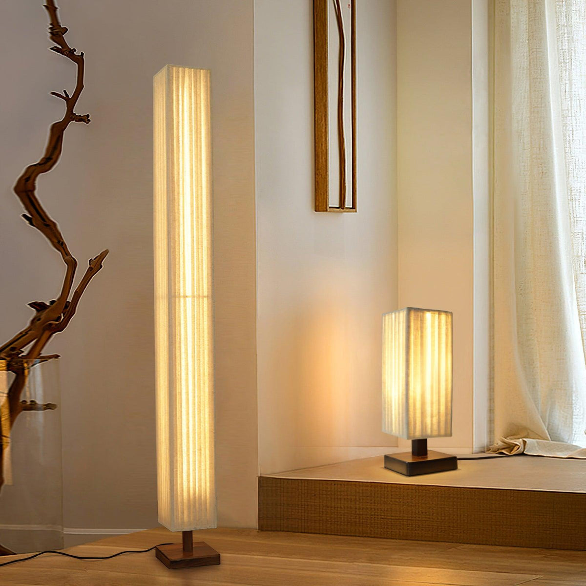 Bailey floor lamp switched on with warm LED glow