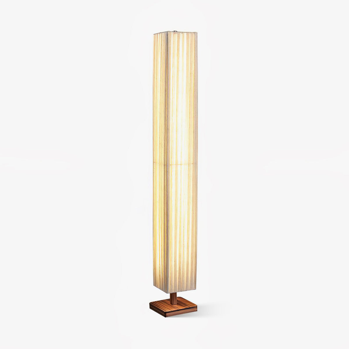 Bailey wood floor lamp with walnut and beige fabric drum shade, front view