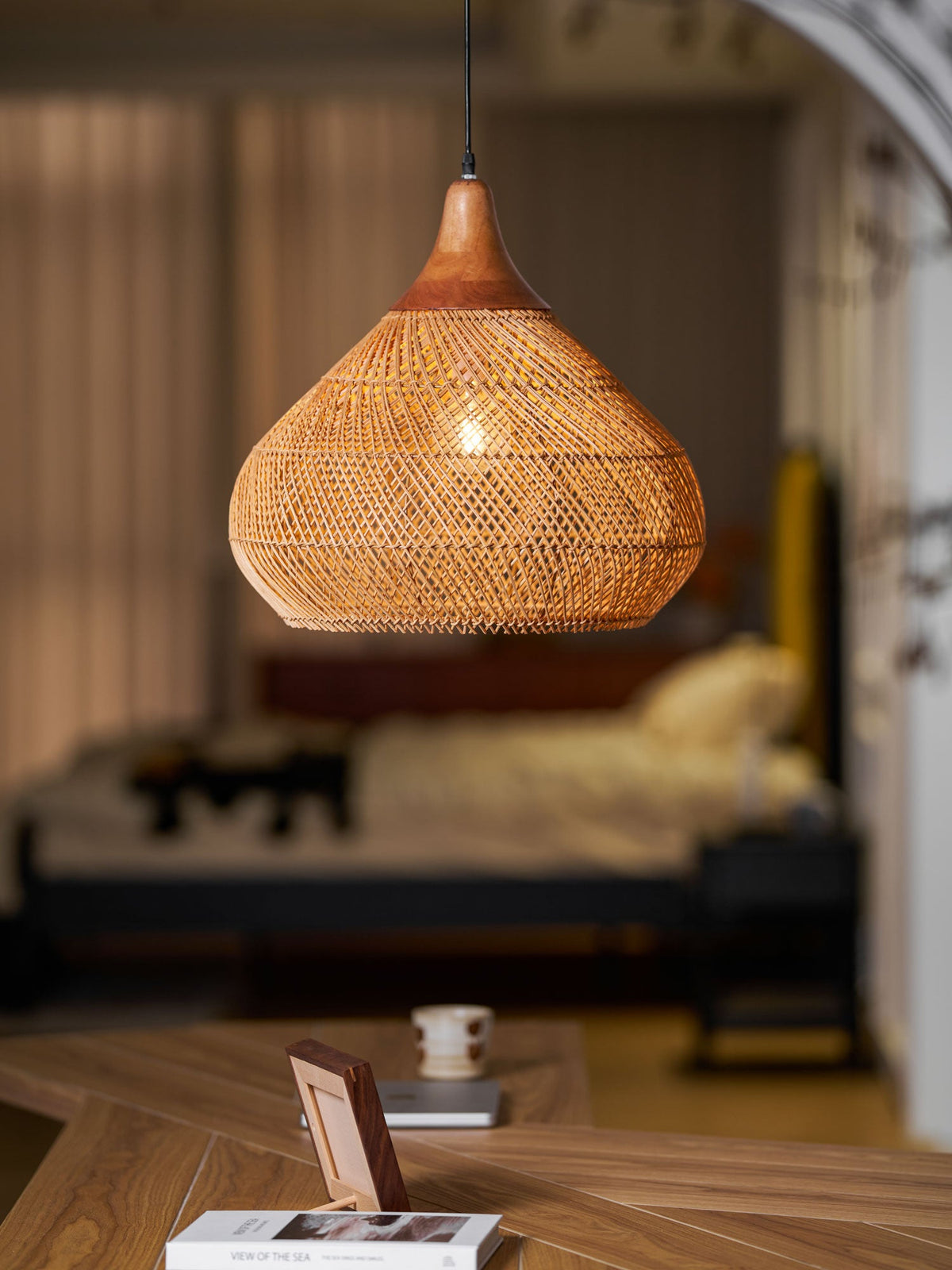 Rattan Pendant Light, Woven Braided Hanging Lamp for Kitchen Island, Dining Room, 10 Sizes