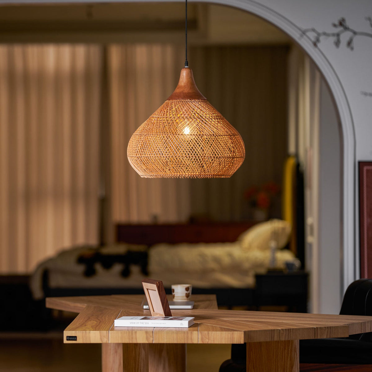 Rattan Pendant Light, Woven Braided Hanging Lamp for Kitchen Island, Dining Room, 10 Sizes