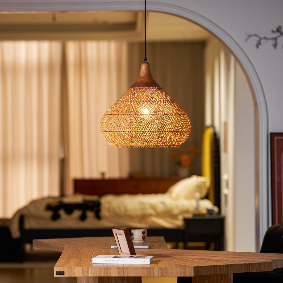 Rattan Pendant Light, Woven Braided Hanging Lamp for Kitchen Island, Dining Room, 10 Sizes