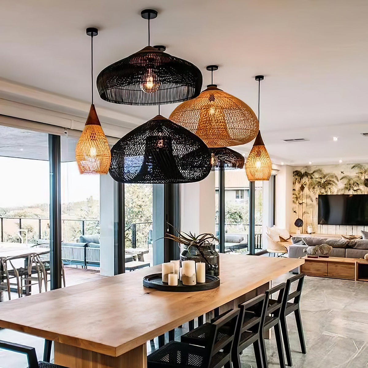 Rattan Pendant Light, Woven Braided Hanging Lamp for Kitchen Island, Dining Room, 10 Sizes