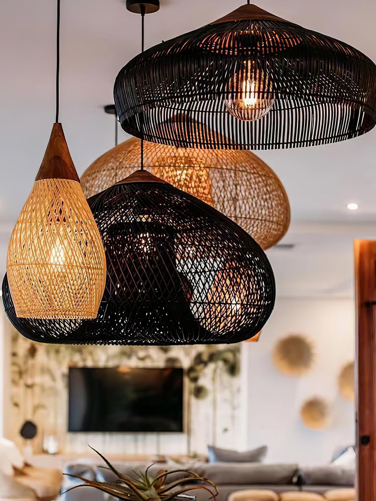 Rattan Pendant Light, Woven Braided Hanging Lamp for Kitchen Island, Dining Room, 10 Sizes