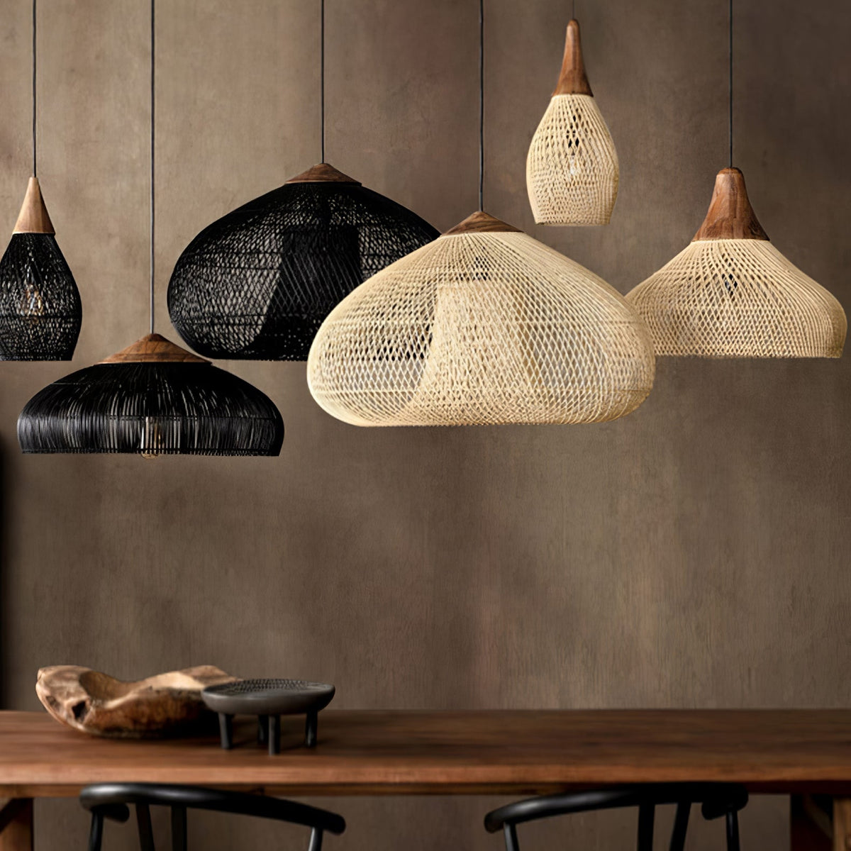 Rattan Pendant Light, Woven Braided Hanging Lamp for Kitchen Island, Dining Room, 10 Sizes