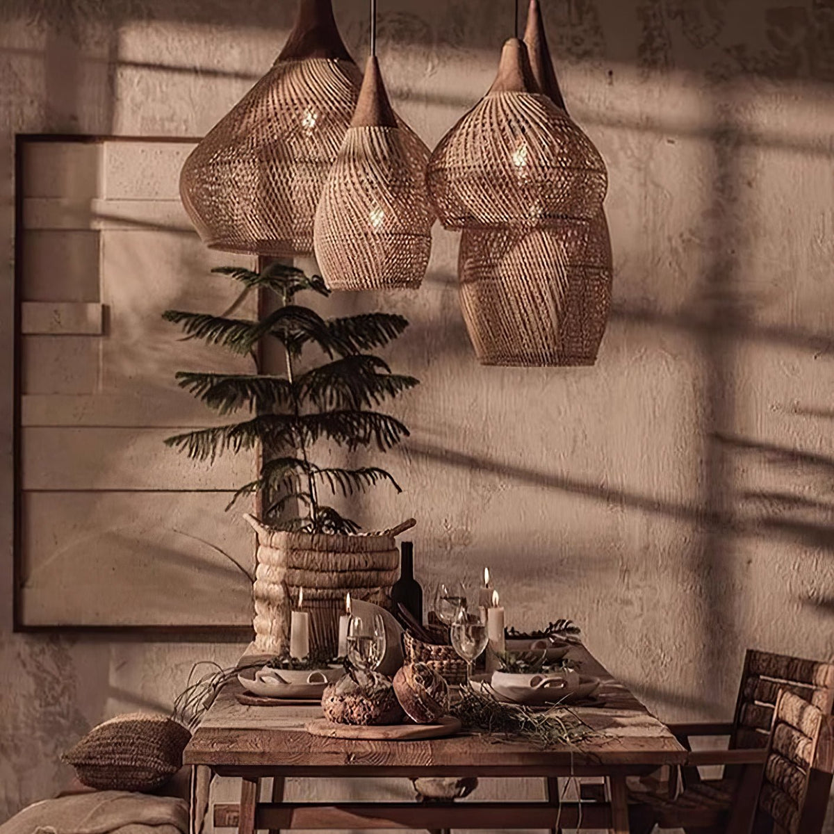 Rattan Pendant Light, Woven Braided Hanging Lamp for Kitchen Island, Dining Room, 10 Sizes