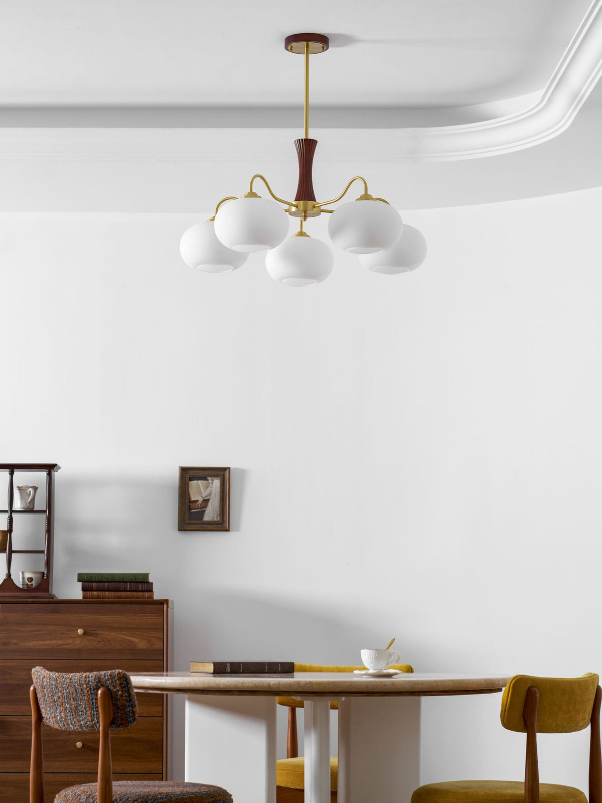 Hedda Wood & Brass Chandeliers for Dining Room, Persimmon Glass, 3 or 5 Lights, Hardwired