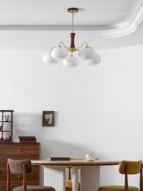 Hedda Wood & Brass Chandeliers for Dining Room, Persimmon Glass, 3 or 5 Lights, Hardwired