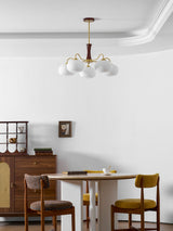 Hedda Wood & Brass Chandeliers for Dining Room, Persimmon Glass, 3 or 5 Lights, Hardwired