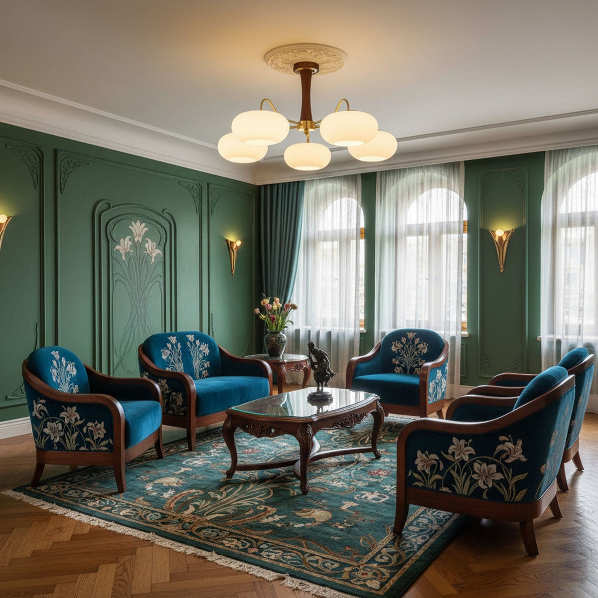 Hedda Wood & Brass Chandeliers for Dining Room, Persimmon Glass, 3 or 5 Lights, Hardwired