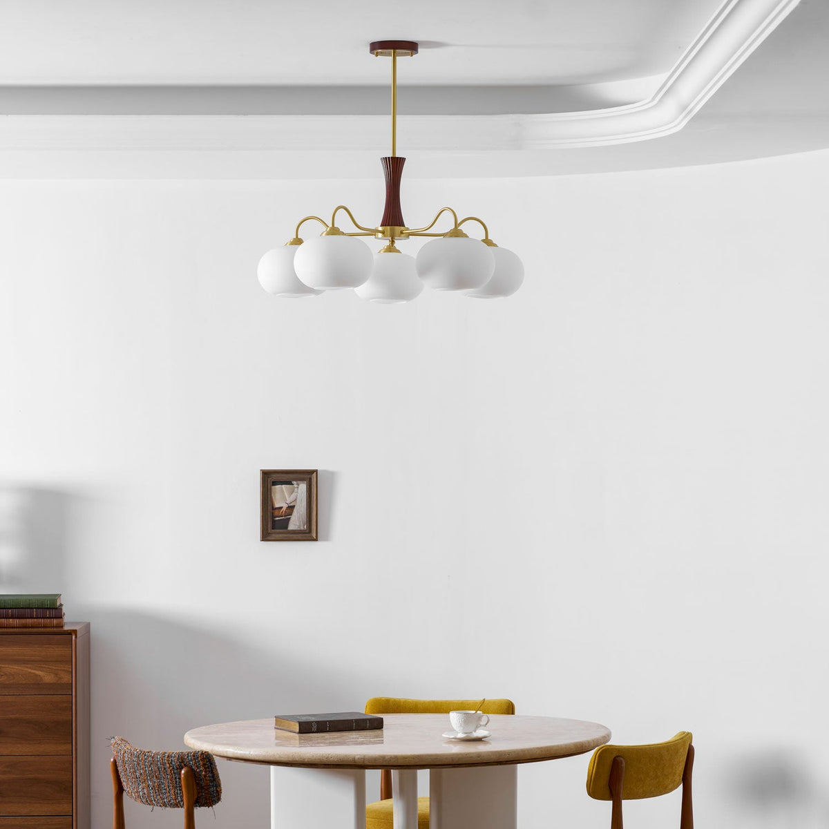 Hedda Wood & Brass Chandeliers for Dining Room, Persimmon Glass, 3 or 5 Lights, Hardwired