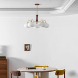 Hedda Wood & Brass Chandeliers for Dining Room, Persimmon Glass, 3 or 5 Lights, Hardwired