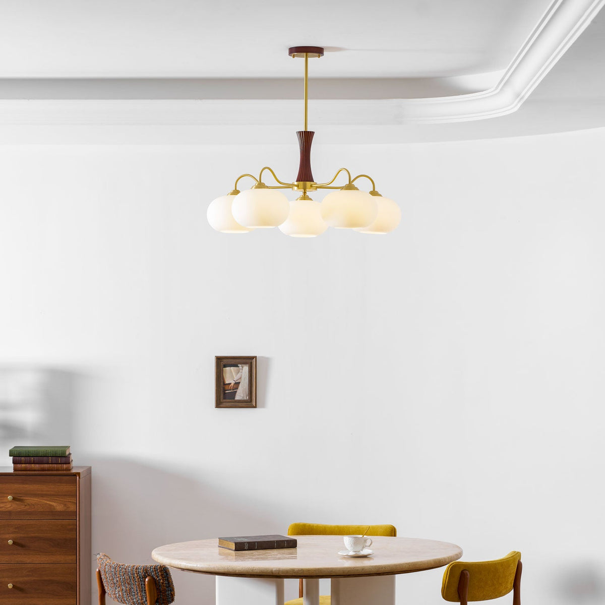 Hedda Wood & Brass Chandeliers for Dining Room, Persimmon Glass, 3 or 5 Lights, Hardwired