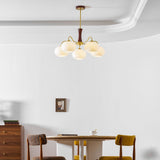 Hedda Wood & Brass Chandeliers for Dining Room, Persimmon Glass, 3 or 5 Lights, Hardwired