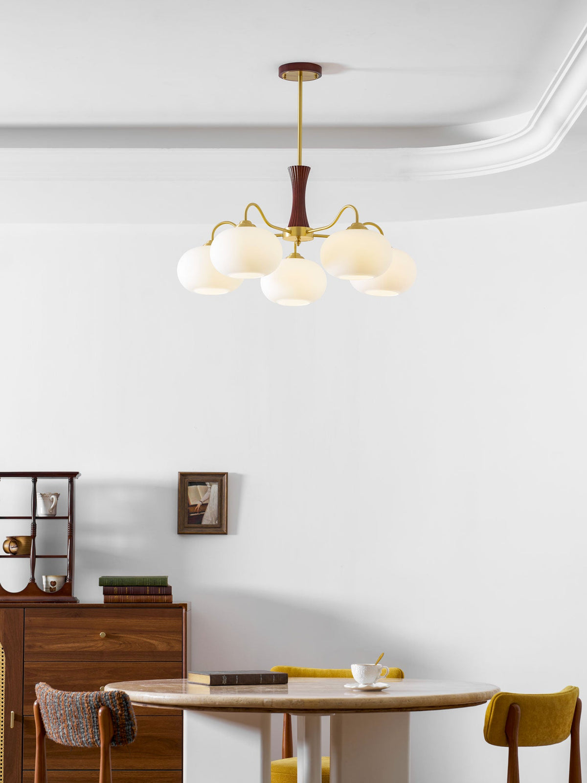 Hedda Wood & Brass Chandeliers for Dining Room, Persimmon Glass, 3 or 5 Lights, Hardwired
