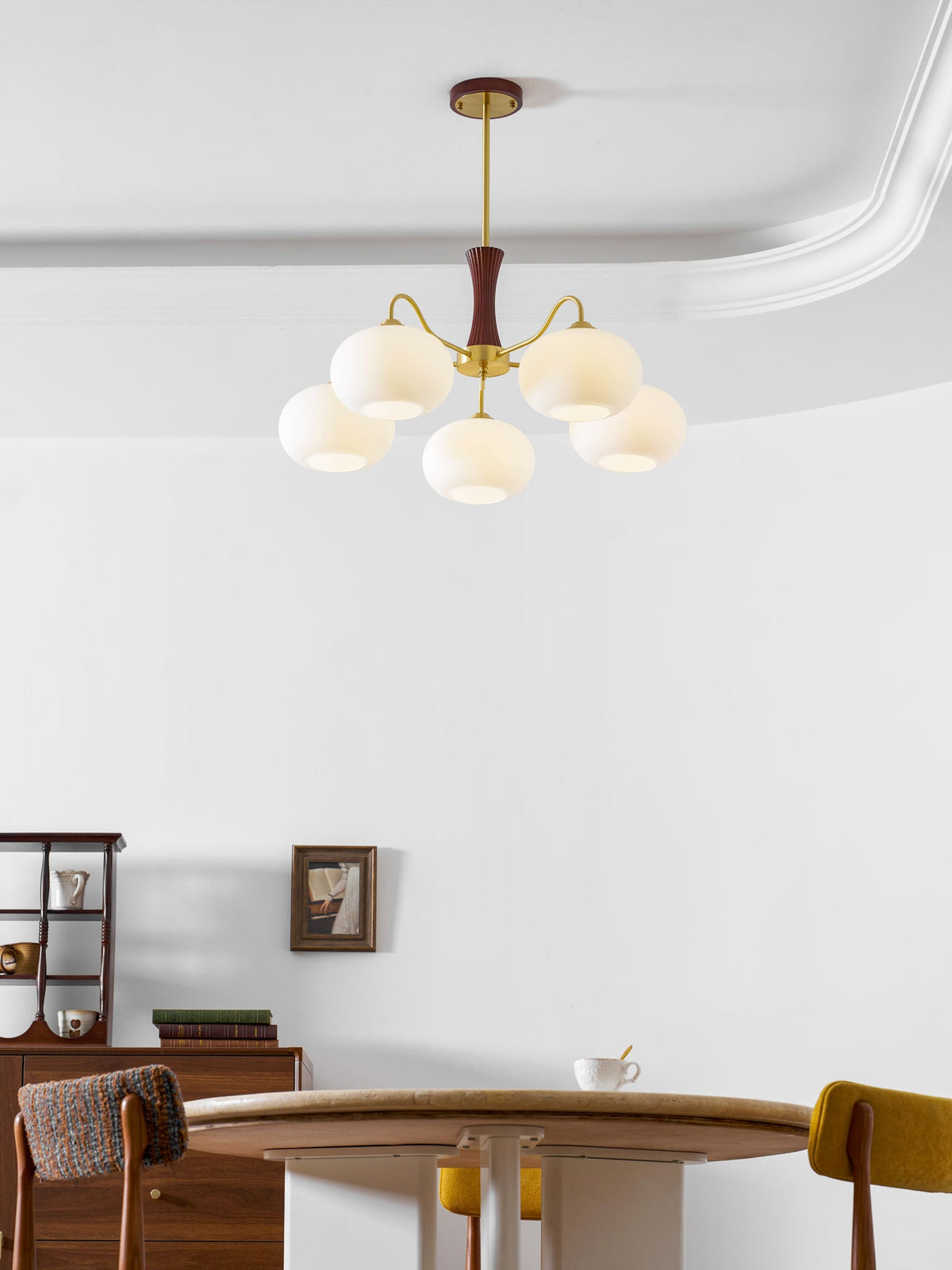 Hedda Wood & Brass Chandeliers for Dining Room, Persimmon Glass, 3 or 5 Lights, Hardwired