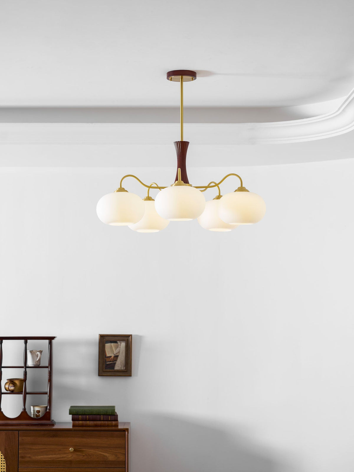 Hedda Wood & Brass Chandeliers for Dining Room, Persimmon Glass, 3 or 5 Lights, Hardwired