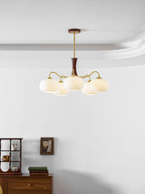Hedda Wood & Brass Chandeliers for Dining Room, Persimmon Glass, 3 or 5 Lights, Hardwired