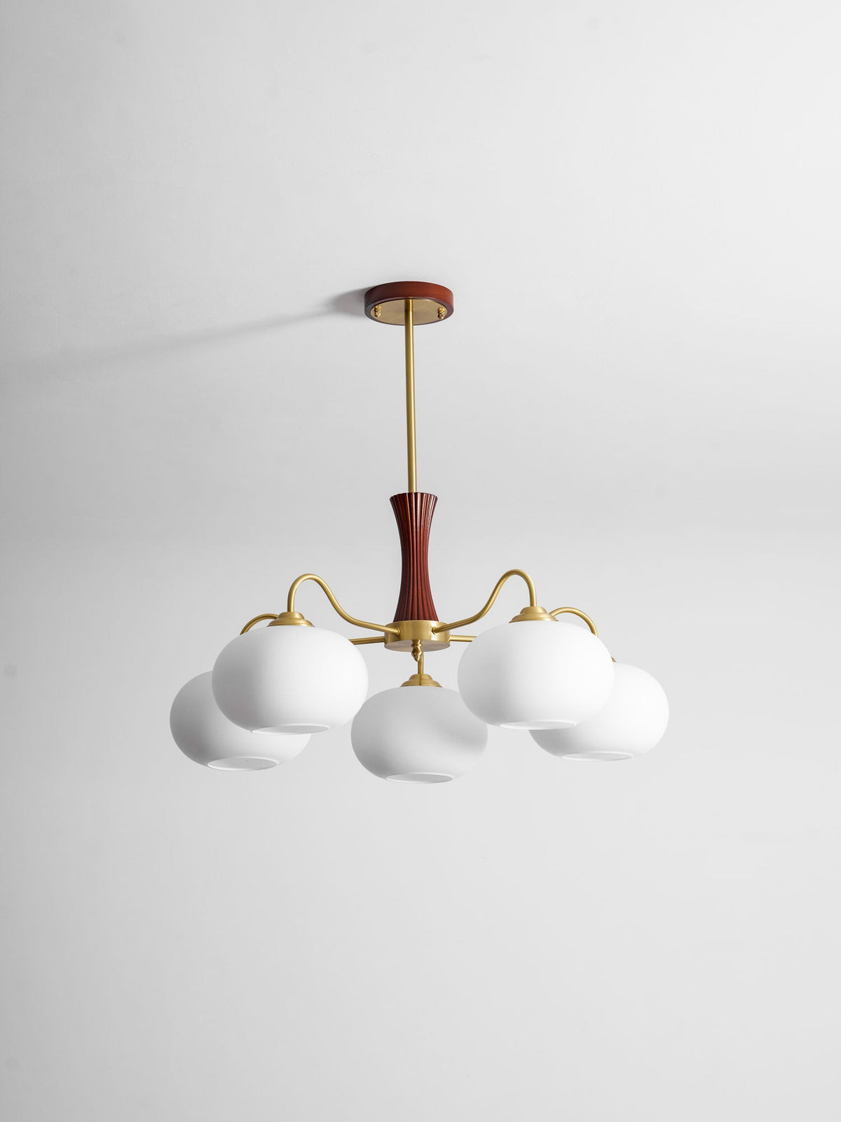 Hedda Wood & Brass Chandeliers for Dining Room, Persimmon Glass, 3 or 5 Lights, Hardwired