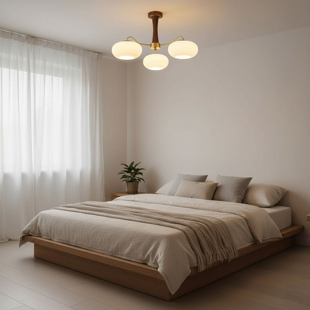 Hedda Wood & Brass Chandeliers for Dining Room, Persimmon Glass, 3 or 5 Lights, Hardwired