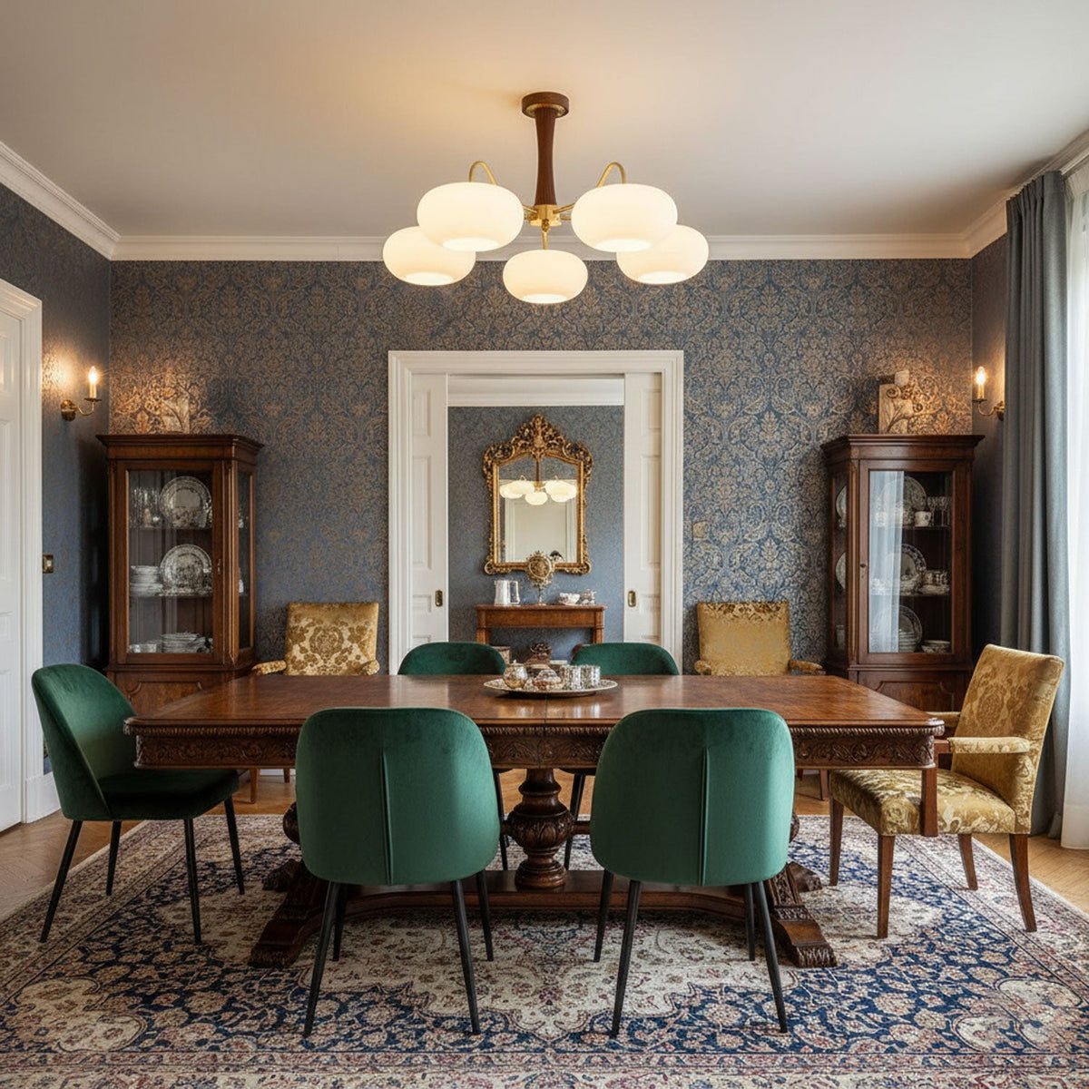 Hedda Wood & Brass Chandeliers for Dining Room, Persimmon Glass, 3 or 5 Lights, Hardwired