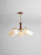 Hedda Wood & Brass Chandeliers for Dining Room, Persimmon Glass, 3 or 5 Lights, Hardwired
