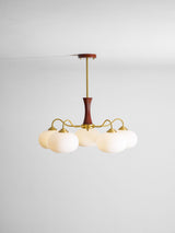 Hedda Wood & Brass Chandeliers for Dining Room, Persimmon Glass, 3 or 5 Lights, Hardwired