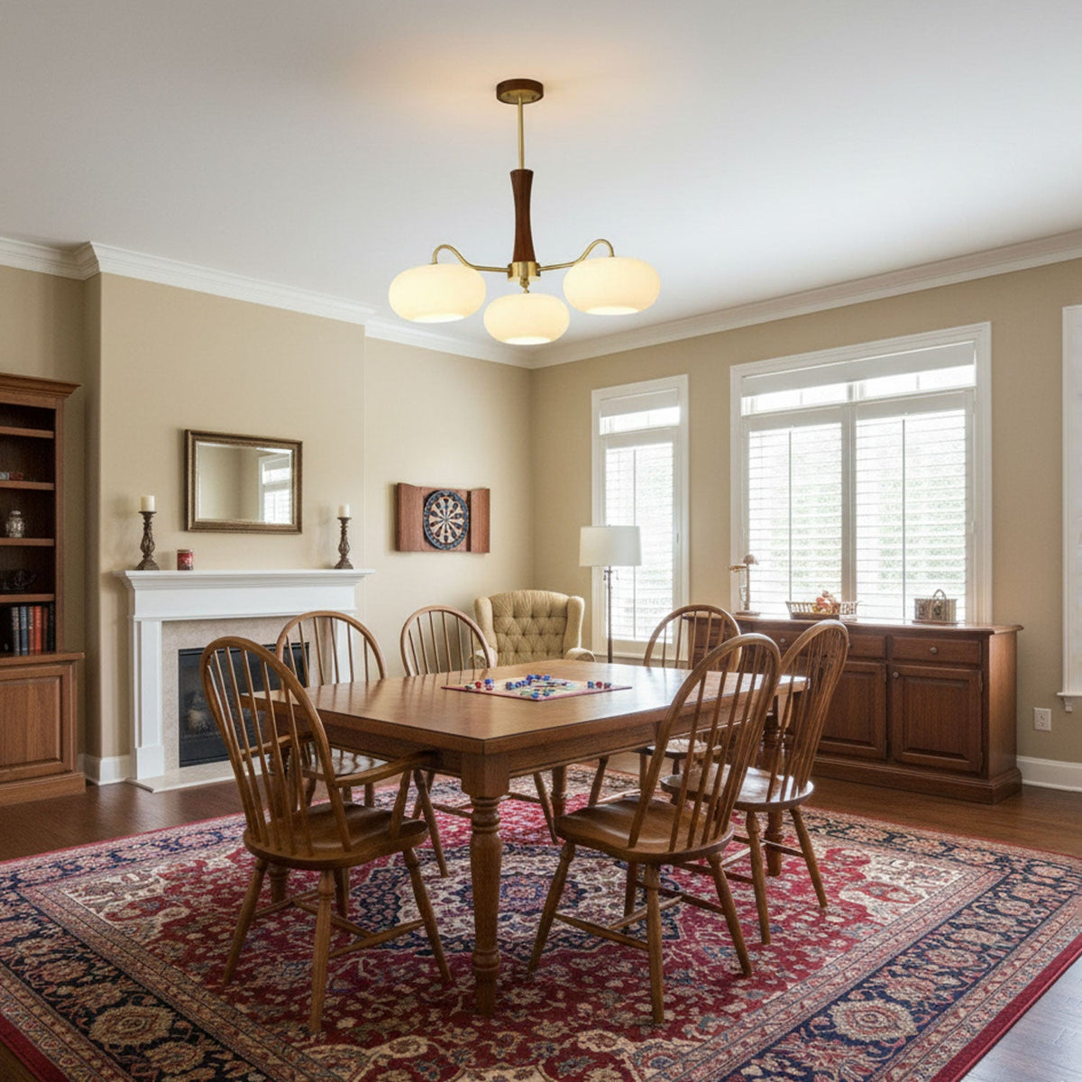 Hedda Wood & Brass Chandeliers for Dining Room, Persimmon Glass, 3 or 5 Lights, Hardwired