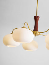 Hedda Wood & Brass Chandeliers for Dining Room, Persimmon Glass, 3 or 5 Lights, Hardwired