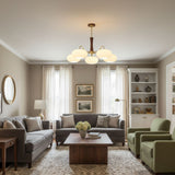 Hedda Wood & Brass Chandeliers for Dining Room, Persimmon Glass, 3 or 5 Lights, Hardwired