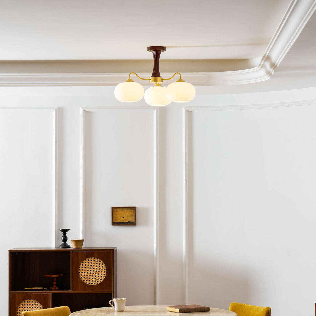 Hedda Wood & Brass Chandeliers for Dining Room, Persimmon Glass, 3 or 5 Lights, Hardwired