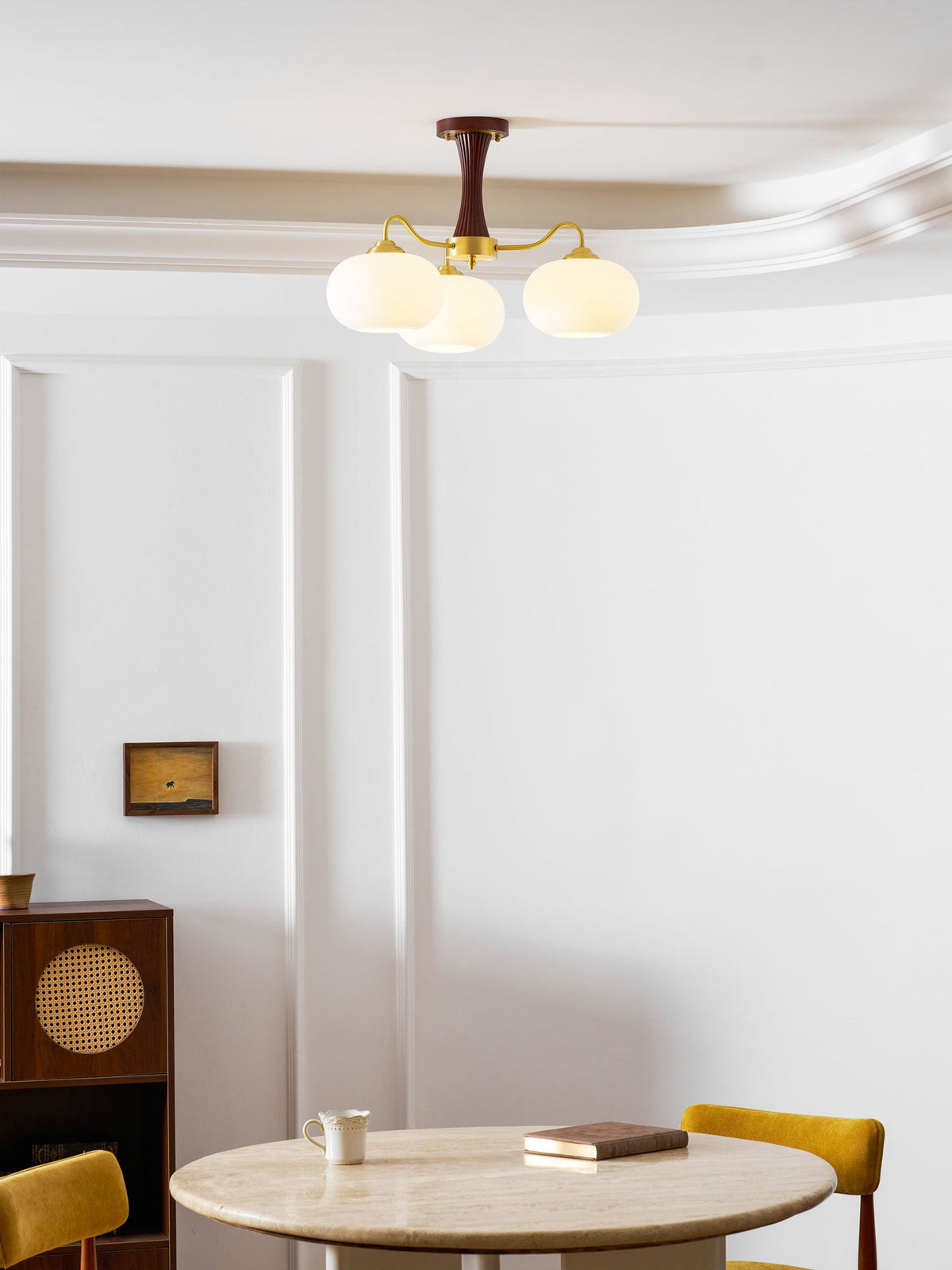 Hedda Wood & Brass Chandeliers for Dining Room, Persimmon Glass, 3 or 5 Lights, Hardwired
