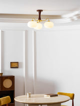 Hedda Wood & Brass Chandeliers for Dining Room, Persimmon Glass, 3 or 5 Lights, Hardwired