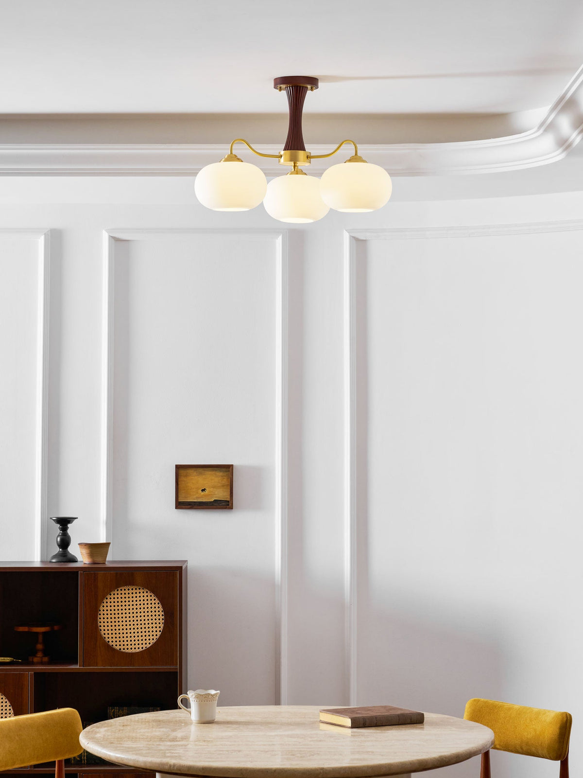 Hedda Wood & Brass Chandeliers for Dining Room, Persimmon Glass, 3 or 5 Lights, Hardwired