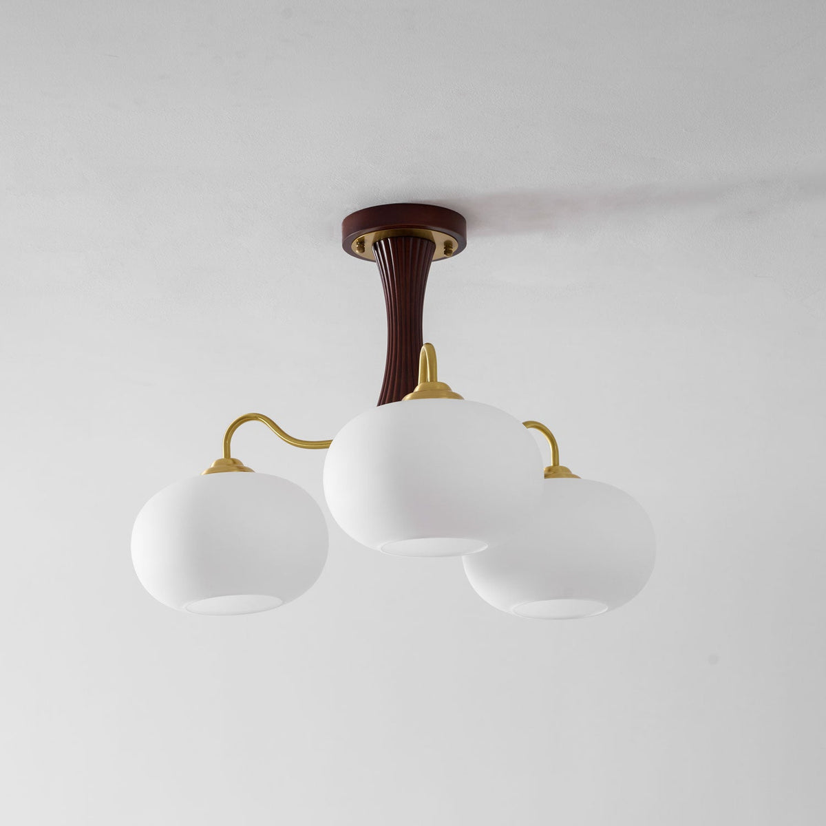 Hedda Wood & Brass Chandeliers for Dining Room, Persimmon Glass, 3 or 5 Lights, Hardwired