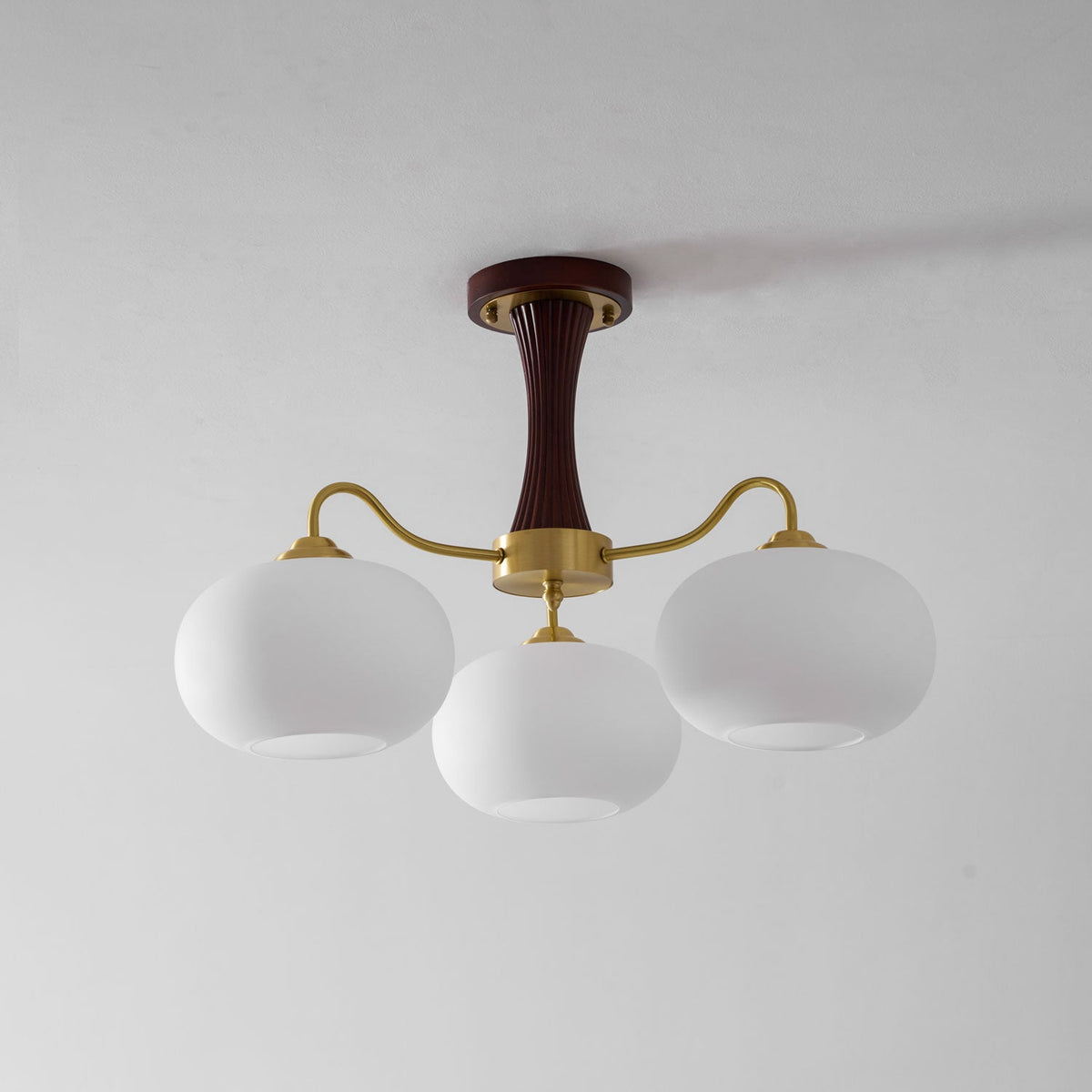 Hedda Wood & Brass Chandeliers for Dining Room, Persimmon Glass, 3 or 5 Lights, Hardwired