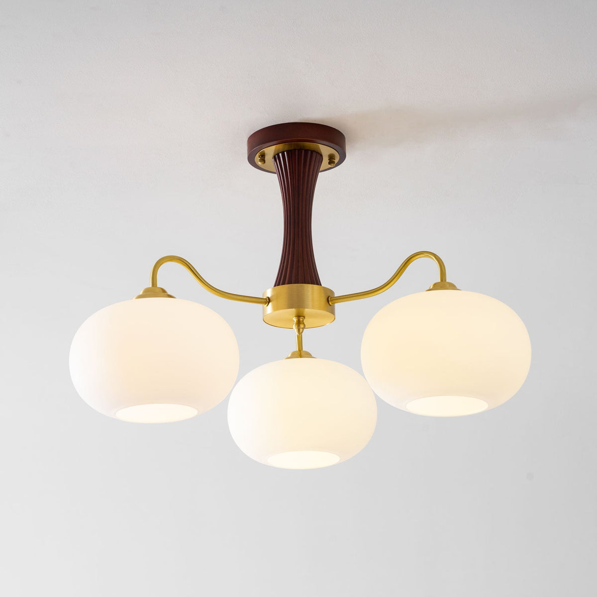 Hedda Wood & Brass Chandeliers for Dining Room, Persimmon Glass, 3 or 5 Lights, Hardwired