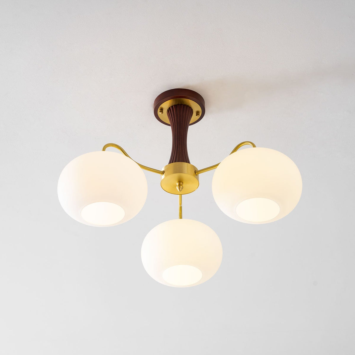 Hedda Wood & Brass Chandeliers for Dining Room, Persimmon Glass, 3 or 5 Lights, Hardwired