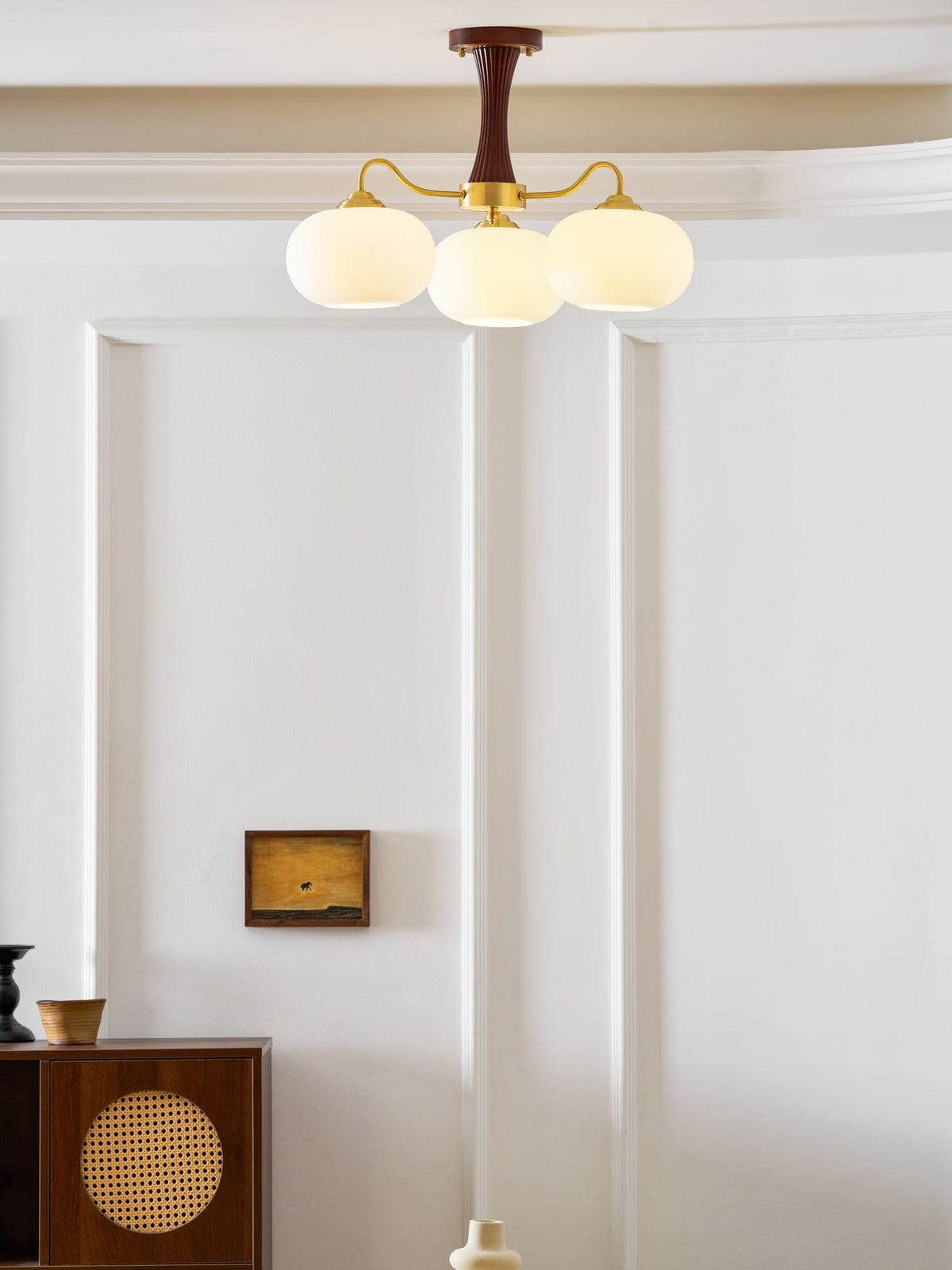 Hedda Wood & Brass Chandeliers for Dining Room, Persimmon Glass, 3 or 5 Lights, Hardwired