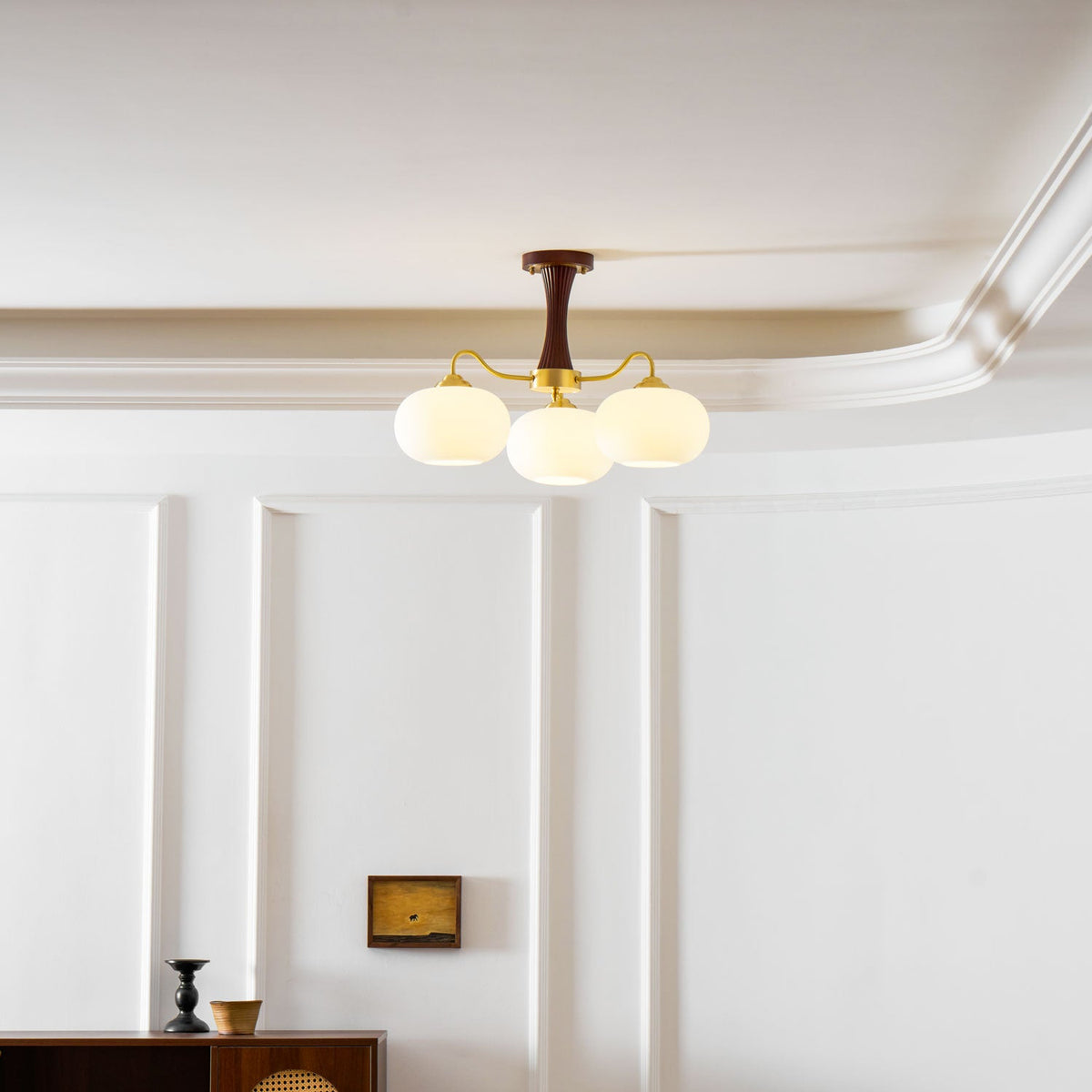 Hedda Wood & Brass Chandeliers for Dining Room, Persimmon Glass, 3 or 5 Lights, Hardwired