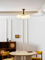 Hedda Wood & Brass Chandeliers for Dining Room, Persimmon Glass, 3 or 5 Lights, Hardwired