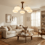 Hedda Wood & Brass Chandeliers for Dining Room, Persimmon Glass, 3 or 5 Lights, Hardwired