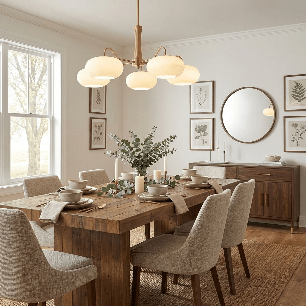 Hedda Wood & Brass Chandeliers for Dining Room, Persimmon Glass, 3 or 5 Lights, Hardwired