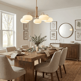 Hedda Wood & Brass Chandeliers for Dining Room, Persimmon Glass, 3 or 5 Lights, Hardwired