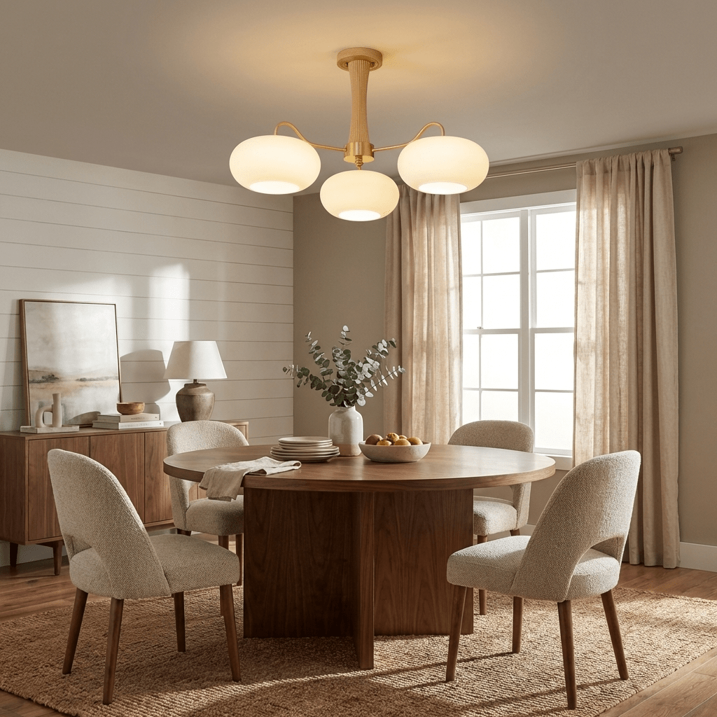 Hedda Wood & Brass Chandeliers for Dining Room, Persimmon Glass, 3 or 5 Lights, Hardwired