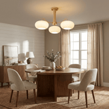 Hedda Wood & Brass Chandeliers for Dining Room, Persimmon Glass, 3 or 5 Lights, Hardwired