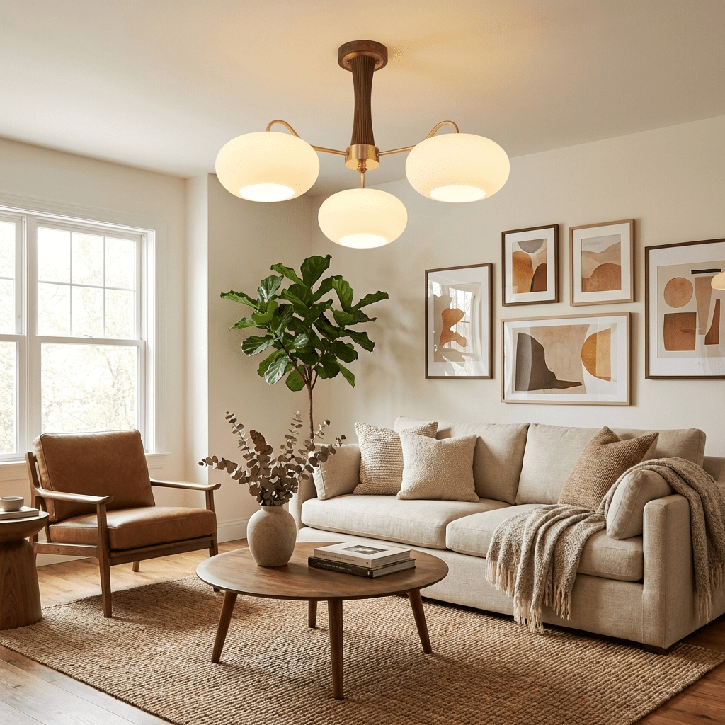 Hedda Wood & Brass Chandeliers for Dining Room, Persimmon Glass, 3 or 5 Lights, Hardwired