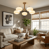 Hedda Wood & Brass Chandeliers for Dining Room, Persimmon Glass, 3 or 5 Lights, Hardwired