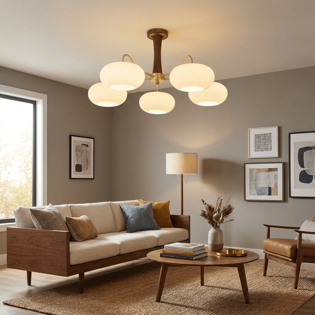 Hedda Wood & Brass Chandeliers for Dining Room, Persimmon Glass, 3 or 5 Lights, Hardwired