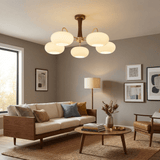 Hedda Wood & Brass Chandeliers for Dining Room, Persimmon Glass, 3 or 5 Lights, Hardwired