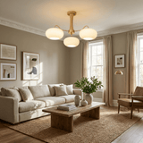 Hedda Wood & Brass Chandeliers for Dining Room, Persimmon Glass, 3 or 5 Lights, Hardwired